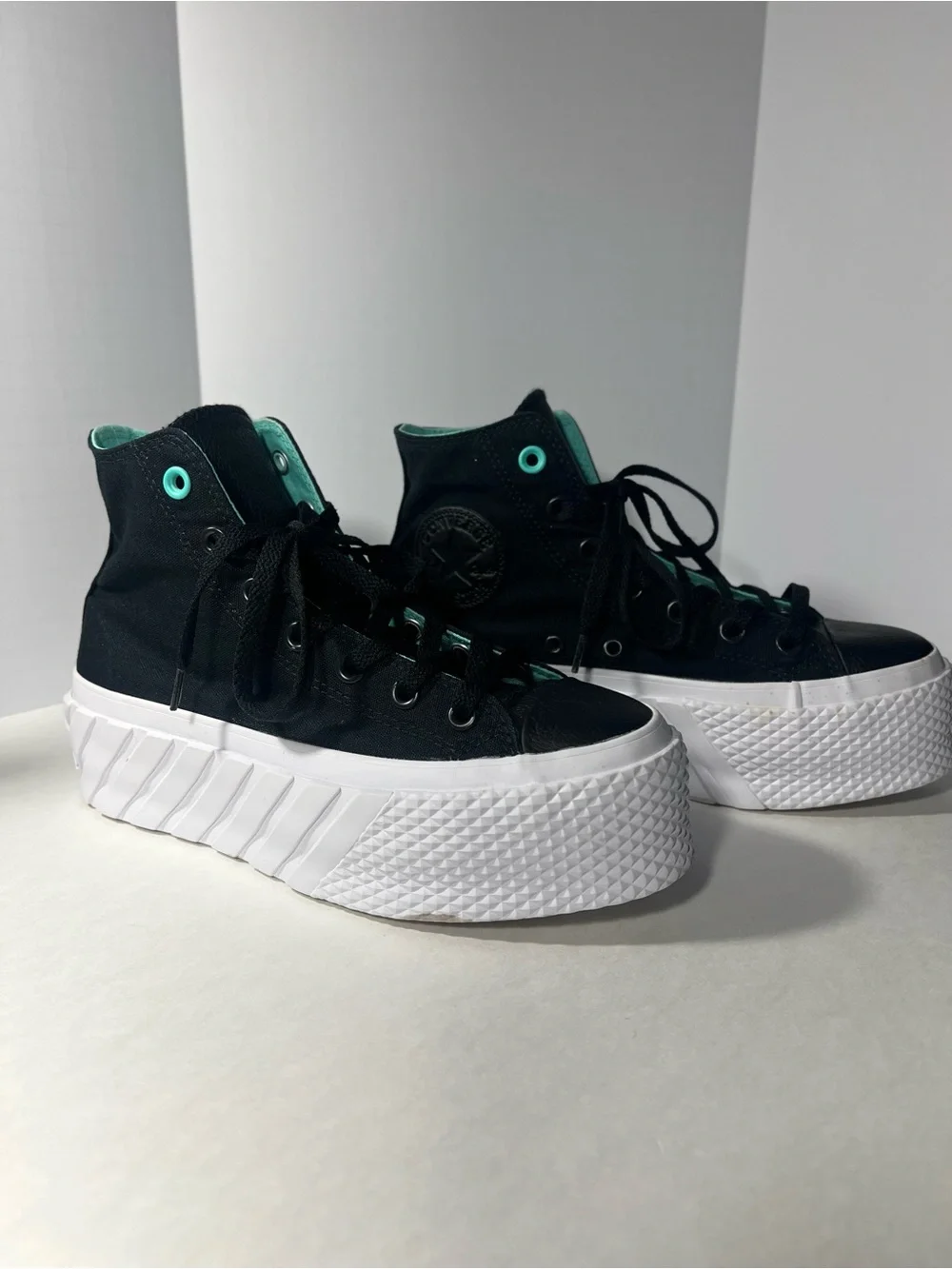 Black Converse High-Top Platform Sneakers with faux leather and Teal Accents